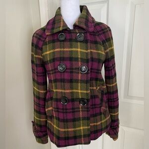 Aeropostale Women's Plaid Pea Coat - Plum, Yellow, Green, and Black Size S